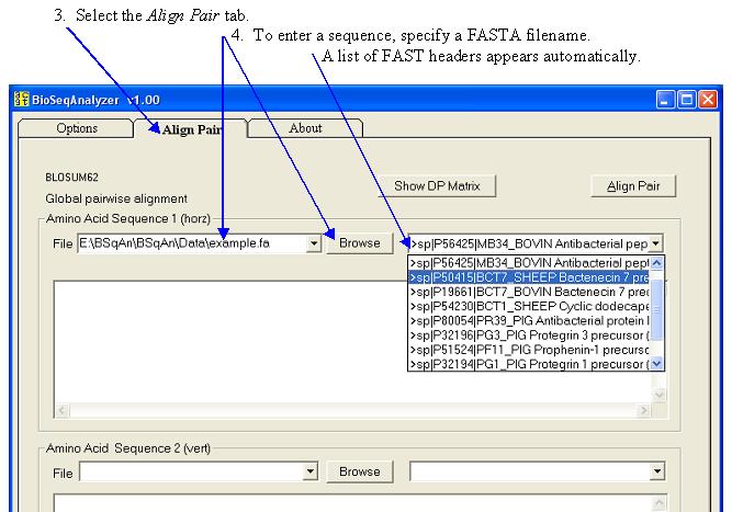 Screen shot.  Align Global dialog box.  Specify first sequence via FASTA file.